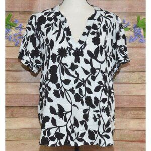 Well Worn Ladies Black & White Floral V-Neck Short Sleeve Blouse Top Size L